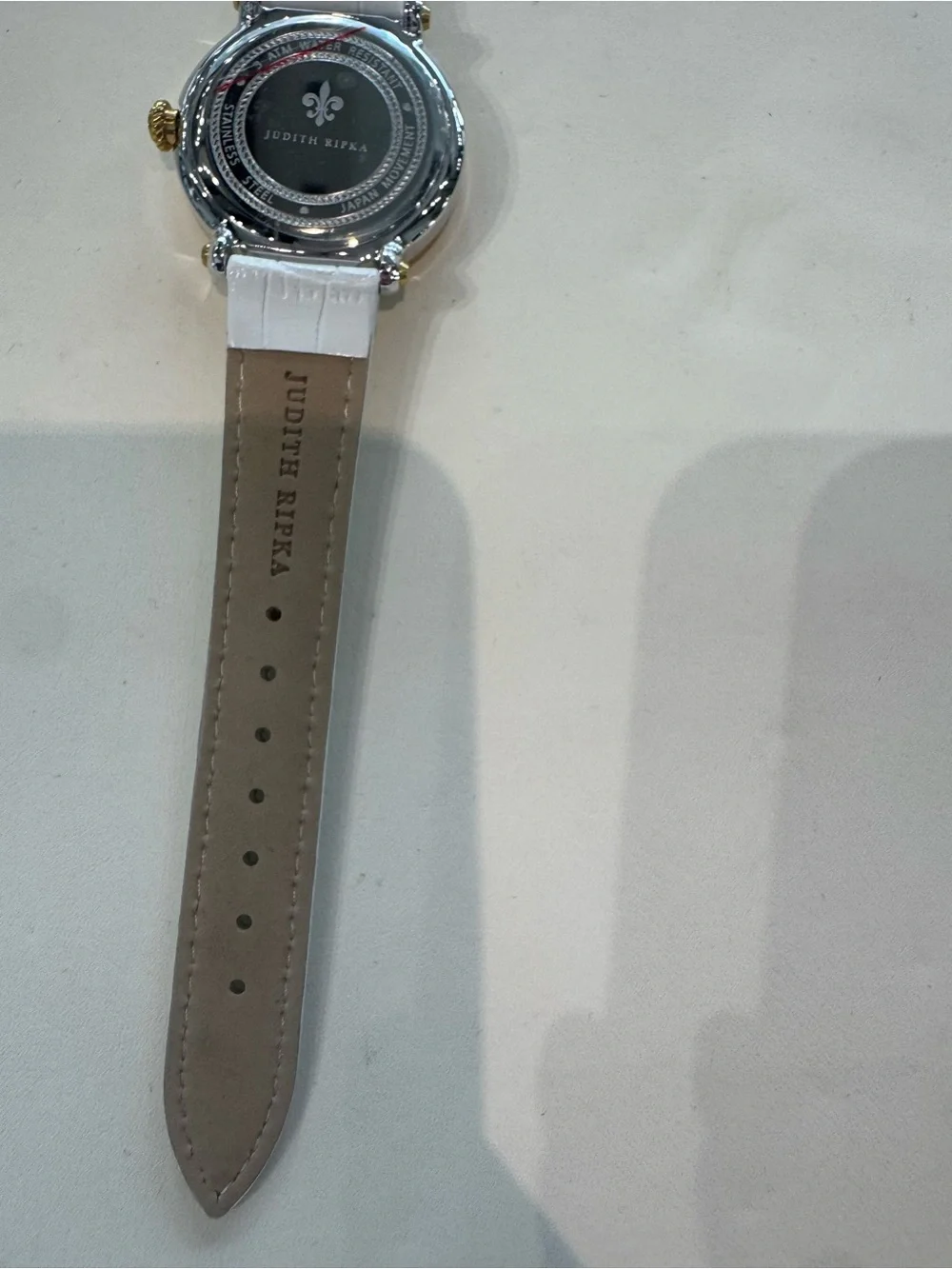 New Judith Ripka Odyssey White Embossed Leather Floating Heart Crystal Watch